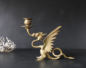 Gothic Brass Dragon Candlestick Holder Winged Phoenix Griffin Style Taper Candle Holder