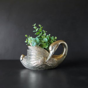 Vintage Brass Swan Planter: Shy Bird Home Accent, 8 1/4&quot; Wide
