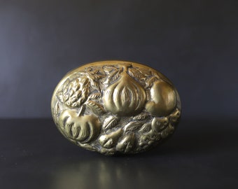 Fruit Veggies Trinket Box Vintage Brass Embossed Hide Your Stash Container Turnip Squash Berries Grapes