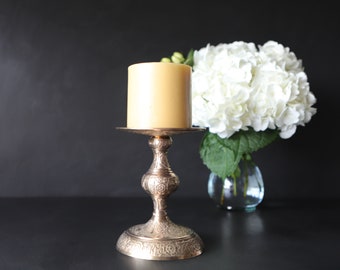 Embossed Flowers Pillar Candlestick Holder Heavy Vintage Brass Pedestal Candle Display Fancy Wedding