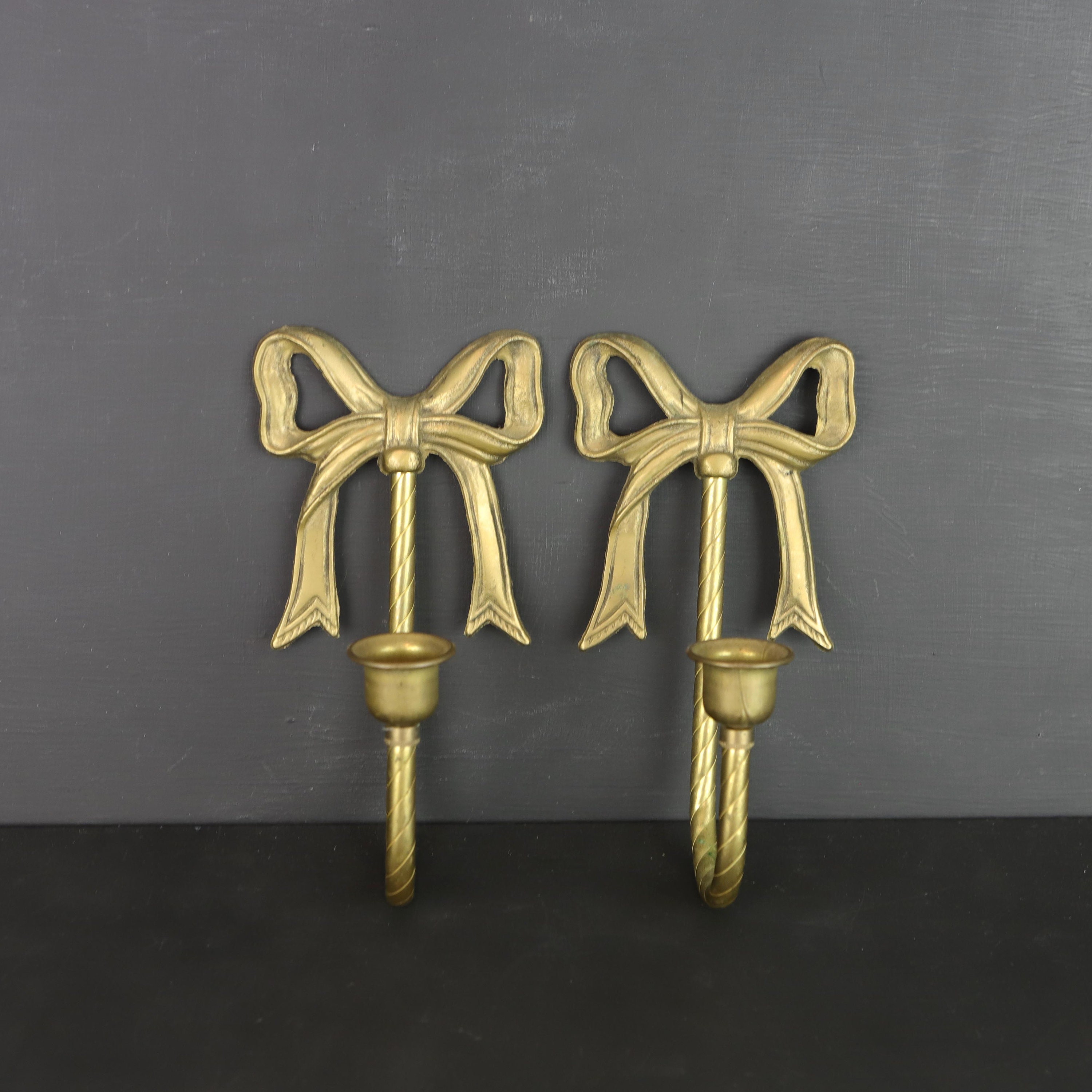Vintage Brass Bow Candle Sconces Candlestick Holder Set Etsy