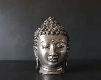 Metal Budha Head Bust Silver Tone Over Brass Detailed Statue Home Altar Accent