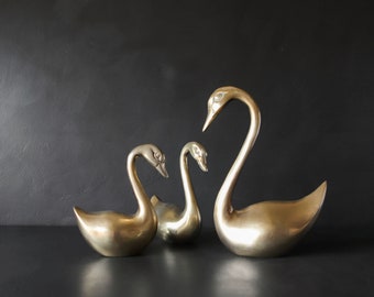 MCM Brass Swan Statues Vintage Bronze Birds Bookshelf Bookends Anniversary Gifts 8 1/2" Tall Made in Korea