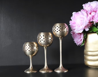 3x Goblet Brass Candlesticks Vintage Punched Votive Candle Holders Punched Pierced Tea Lights Classic Graduated Tiered