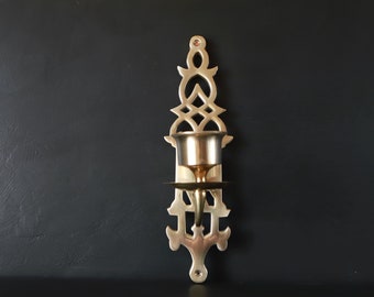Vintage Brass Sconce Taper Candle Wall Hanging Decor 12 1/8" tall Geometric Scroll
