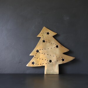 Star Punched Christmas Tree Trivet Vintage Brass Footed Potholder