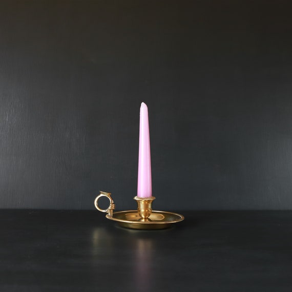 Brass Chamberstick Finger Loop Taper Candle Holder Heavy Gold