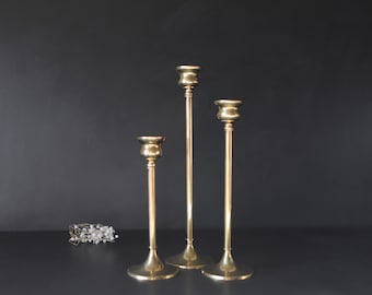 Vintage Brass Candlesticks 3x Set of Simple Modernist Graduated Taper Candle Holders Gold Metal Tiered Wedding Decor