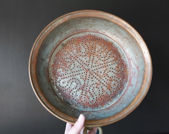 Large Antique Copper Colander Strainer Tinned Rustic Farmhouse Kitchen Sieve Wall Decor 12 1/8” round