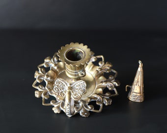 Antique Butterfly Candlestick Holder Intricate Brass Chamberstick Collectible Nappy Ring Handle with Tiny Snuffer