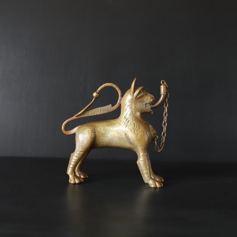 Antique Aquamanile Oil Lamp Lighter 19th C German Lion Shaped Bronze Home Altar Decor Collectible Animal image 1