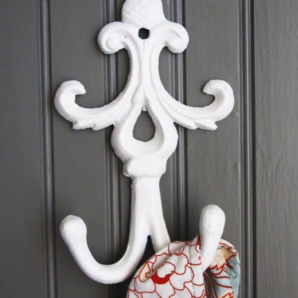 Architectural Flourish Cast Iron Hook Shabby White