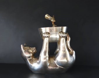 Large Cat Planter Pot Vintage Brass Playful Kitten on Back Sculptural Animal Holding a Bowl