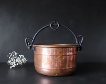 Copper Fireplace Cauldron Bucket with Cast Iron Handle Hanging Pouring Pot French Farmhouse Home Decor