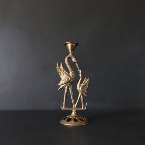 Vintage Heron Candlestick Holder Brass Cranes with Red Glass Crystal Style Eyes Mother Baby Candle Holder