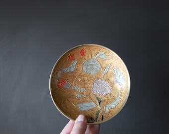 Cloisonné Brass Dish Bowl Hand Painted Orange Enamel Flowers Ring Jewelry Holder Catchall Round Trinket Tray Nestlings