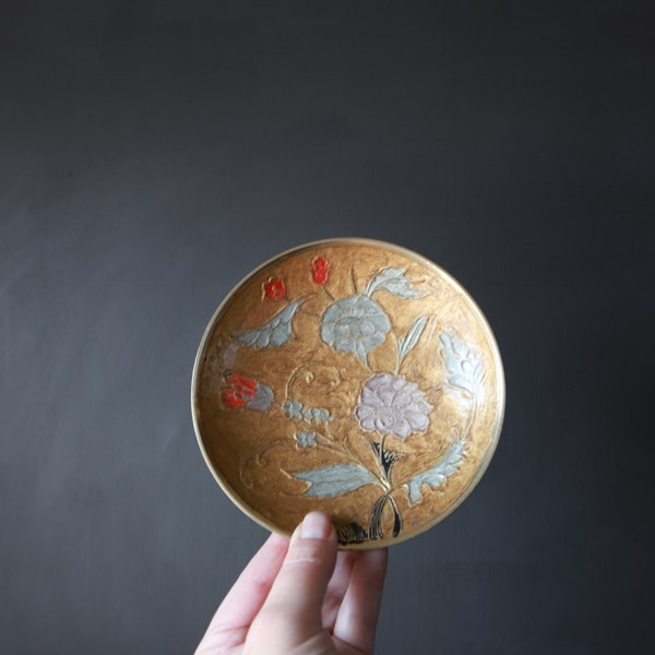 Cloisonné Brass Dish Bowl Hand Painted Orange Enamel Flowers Ring Jewelry Holder Catchall Round Trinket Tray Nestlings