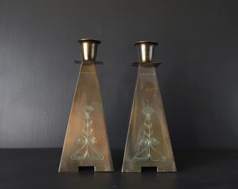 Art Deco Brass Candlestick Holders with Etched Flowers Pair READ Vintage Square Shaped Taper Candles