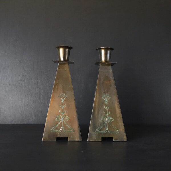 Art Deco Brass Candlestick Holders with Etched Flowers Pair READ Vintage Square Shaped Taper Candles