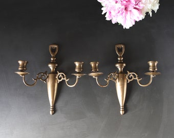 High Quality Candlestick Sconces Vintage Brass 2 Arm Pair Marked CM Farmhouse Wall Hanging Lights Classic Candles 10 1/4" x 9 3/4"