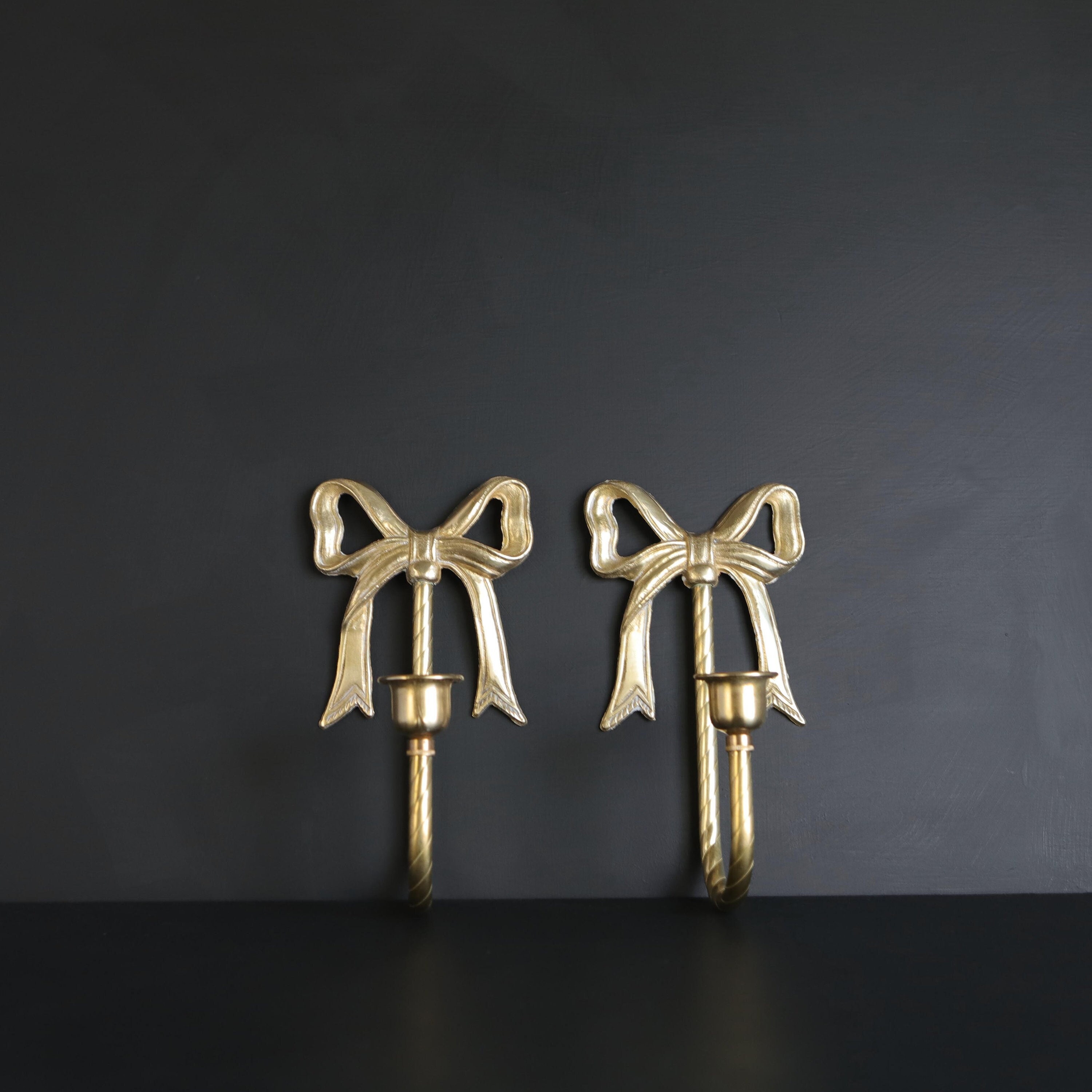 Vintage Brass Bow Candle Sconces Candlestick Holder Set Etsy