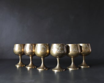 Etched Brass Stemware Glasses Cordial Shots Vintage Sherry Glass with TARNISHING Anniversary Valentines Day Party Barware