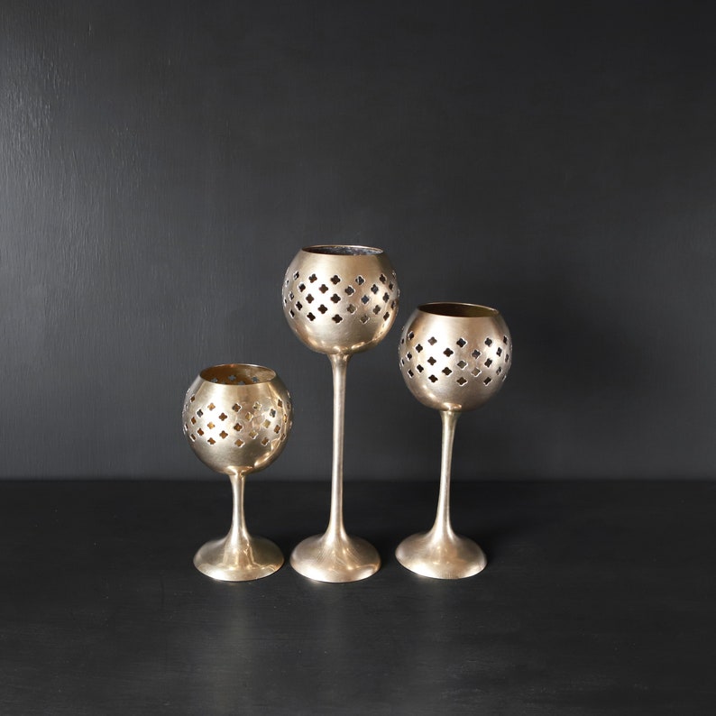 3x Goblet Brass Candlesticks Vintage Punched Votive Candle Holders Punched Pierced Tea Lights Classic Graduated Tiered image 5