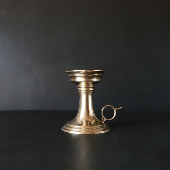 Vintage Brass Pillar Chamberstick Finger Loop 2 Votive Candlestick Holder  With Handle Farmhouse Wedding Decor 