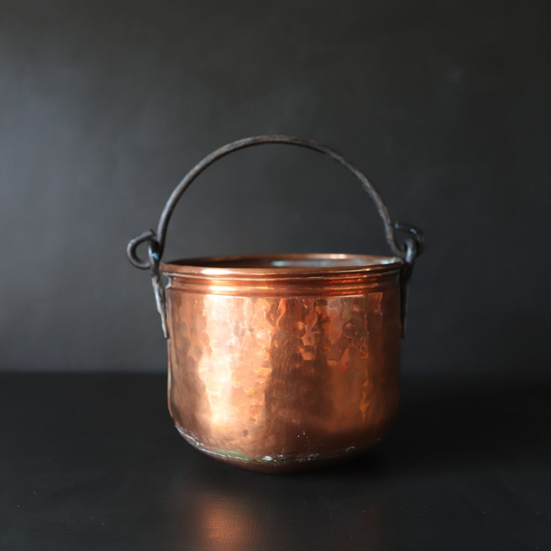 Rustic Copper Bucket Cauldron with Iron Swing Handle Farmhouse Kitchen Storage Container Metalware Dovetailed image 2