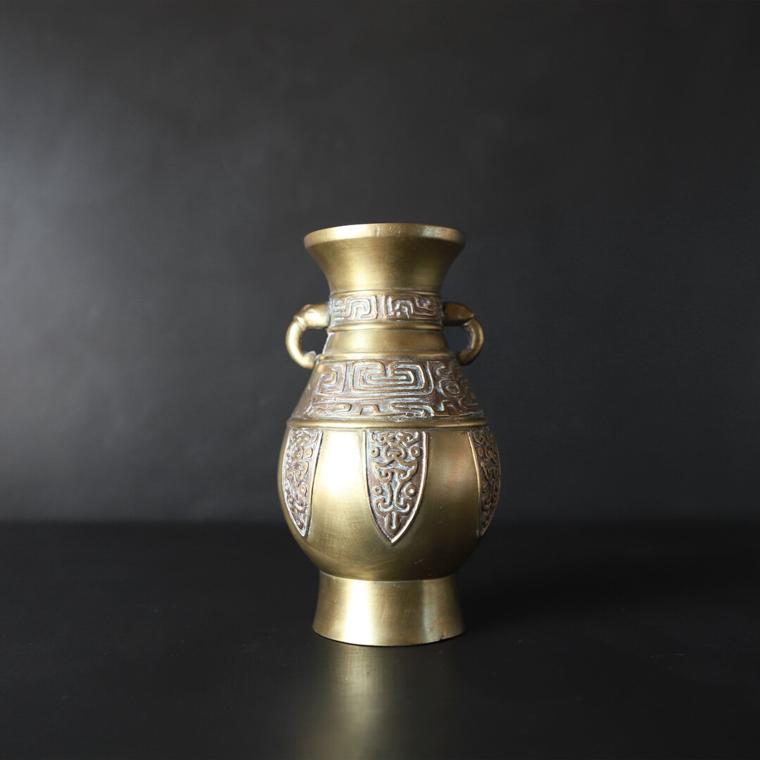 Heavy Bronze Elephant Vase Detailed Vintage Worn Brass Urn Boho