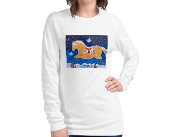 Norwegian Fjord Winter Flying Horse Unisex Long Sleeve Tee Art by Caren Goodrich