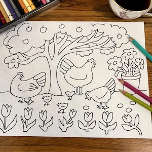 Chicken Printable Coloring Page Digital Download Hen Barnyard Countrycore Farmhouse Garden Art Simple Lines Easy Coloring PDF Adults DIY