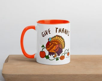 Thanksgiving Turkey Coffee Cup Mug “Give Thanks” Art by Caren Goodrich