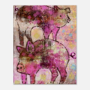 Skurriles rosa Schwein-Paar Leinwand-Socken-Spaß-Kunst-Kinderzimmer-bunte Tierkunst