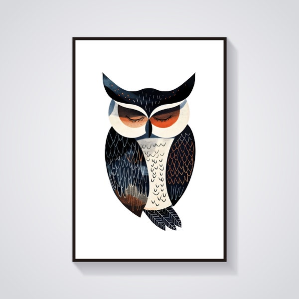 Owl Wall Decor for Home, Bohemian Art of Organic Shapes and Soft Lines, Stylish Abstract Owl Picture