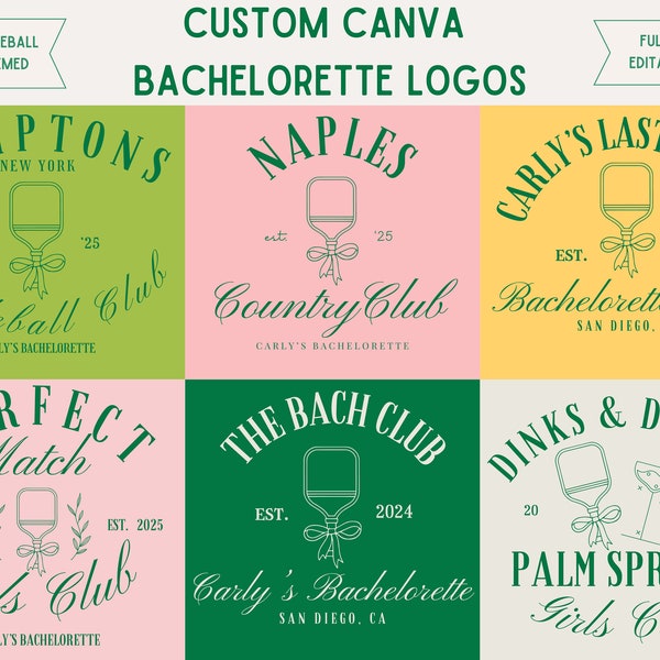 Custom Retro Pickleball Themed Bachelorette Party Logo Bundle, Luxe Country Club Bach Logo, Personalized Bach Party Canva Template, Preppy