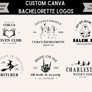 May include: A selection of Halloween-themed bachelorette logos in monochrome. Designs include skeleton figures, a ghost, a witch on a broom, and text such as "Let's Go Ghouls" and "Bride or Die".