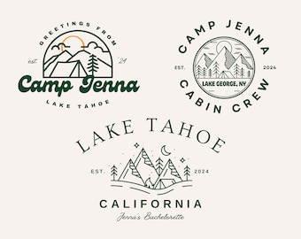 May include: Three green and white logo designs for a camp called "Camp Jenna" with a mountain and tent graphic. The first logo says "Greetings from Camp Jenna Lake Tahoe est. '24". The second logo says "Camp Jenna Cabin Crew est. Lake George, NY 2024". The third logo says "Lake Tahoe est. 2024 California Jenna's Bachelorette".