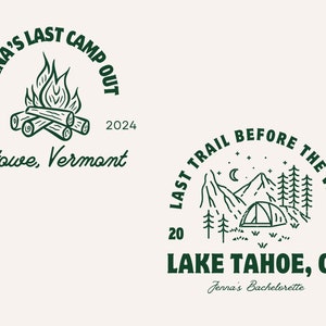 Op de afbeelding: Twee zwart-wit illustraties van kampeersc&egrave;nes. De eerste illustratie is een kampvuur met de tekst "Jenna's Last Camp Out Est. 2024 Stowe, Vermont". De tweede illustratie is een berglandschap met een tent, bomen en een halve maan met de tekst "Last Trail Before The Veil 20 24 Lake Tahoe, CA Jenna's Bachelorette".