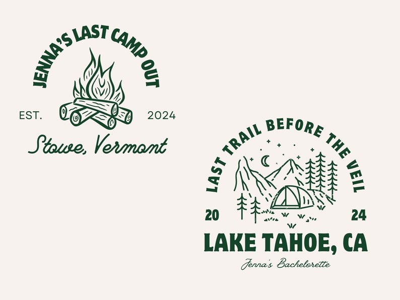 Op de afbeelding: Twee zwart-wit illustraties van kampeersc&egrave;nes. De eerste illustratie is een kampvuur met de tekst "Jenna's Last Camp Out Est. 2024 Stowe, Vermont". De tweede illustratie is een berglandschap met een tent, bomen en een halve maan met de tekst "Last Trail Before The Veil 20 24 Lake Tahoe, CA Jenna's Bachelorette".