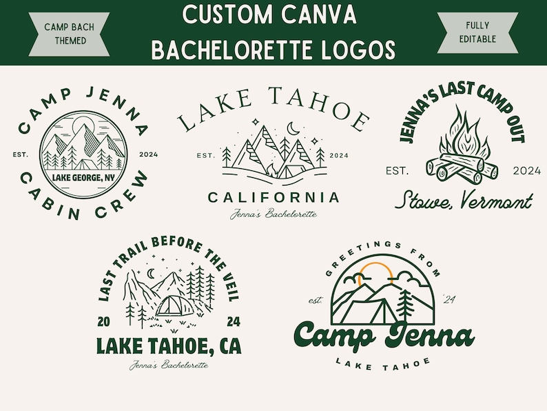 Op de afbeelding: Vijf verschillende groene en witte illustraties van campinglogo's. De logo's tonen bergen, bomen, tenten, kampvuren en de tekst "Camp Jenna", "Lake Tahoe", "Jenna's Last Camp Out", "Last Trail Before The Veil" en "Cabin Crew".