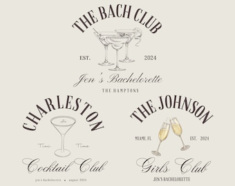 Könnte beinhalten: Ein Grafikdesign mit drei verschiedenen Logos für eine Junggesellinnenparty. Das obere Logo ist "The Bach Club" mit drei Martini-Gläsern. Das linke Logo ist "Charleston Cocktail Club" mit einem Martini-Glas. Das rechte Logo ist "The Johnson Girls Club" mit zwei Champagnerflöten.