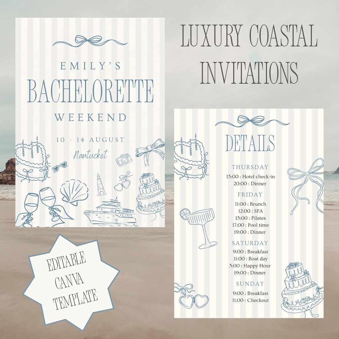 Editable Luxury Coastal Beach Bachelorette Party Invitation & Itinerary ...