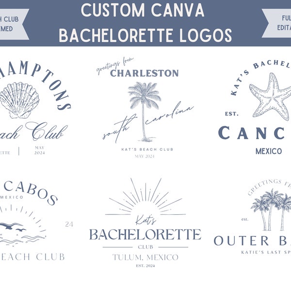 Beach Club Bachelorette Party Logo Pack, Coastal Theme Bach Trip Logo, Luxe Beach Bach Party Canva Template, DIY Beach Bachelorette Logo