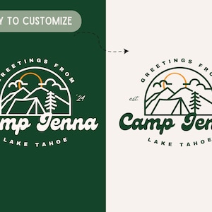 Op de afbeelding: Een wit en groen logo met de tekst "Greetings from Camp Tenna, est. '24, Lake Tahoe" in een cirkel. Het logo toont een gestileerde illustratie van een bergketen, een tent, een dennenboom en een zon.