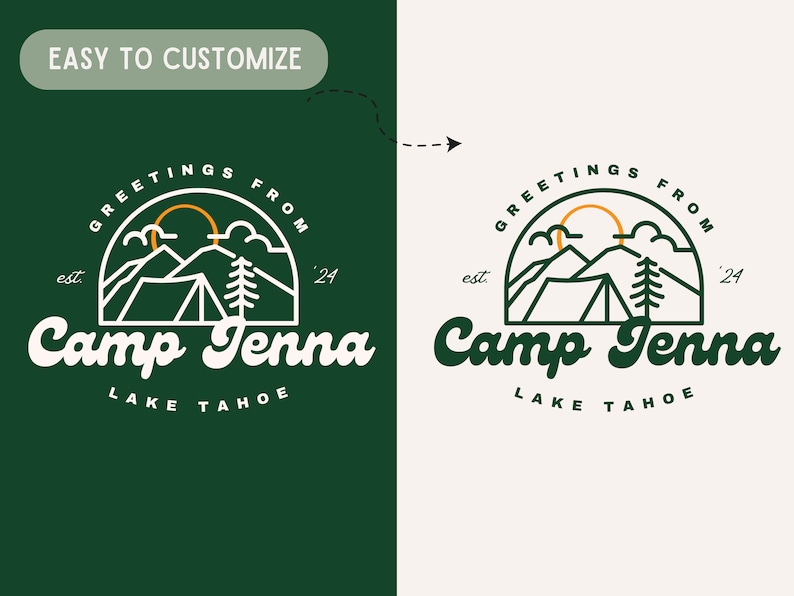 Op de afbeelding: Een wit en groen logo met de tekst "Greetings from Camp Tenna, est. '24, Lake Tahoe" in een cirkel. Het logo toont een gestileerde illustratie van een bergketen, een tent, een dennenboom en een zon.
