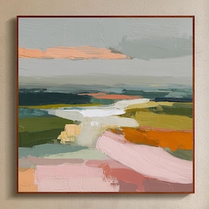 Original Abstract Landscape Oil Painting on Canvas, Large Hand Painted Modern Color Field Art, Soft Neutral Decor for Calm Living Room