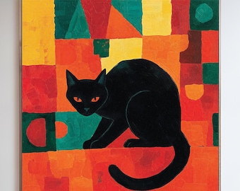 黒猫の絵画、猫アート、猫好きへのギフト、黒の抽象画、キャンバスに