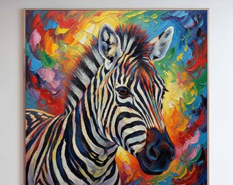 Original Abstract Zebra Oil Painting – Original Hand Painted Colorful Animal Wall Art on Textured Canvas for Modern Wall Decor