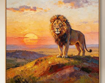 Original Hand-Painted Majestic Lion Oil Painting, Large Sunset Landscape with Lion Wall Art, Bold Wildlife Animal Canvas Wall Decor